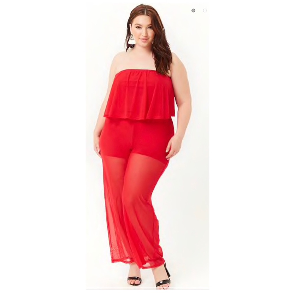 Sheer mesh flounce tube jumpsuit